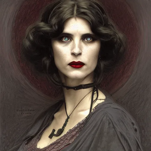 Image similar to portrait of a lady vampire, 35mm, victorian, depth of field, ominous, sharp, highly detailed, photorealistic, realistic, unreal 5, high definition, 8k, deviantart, donato giancola, irwin penn, ((Alphonse Mucha))