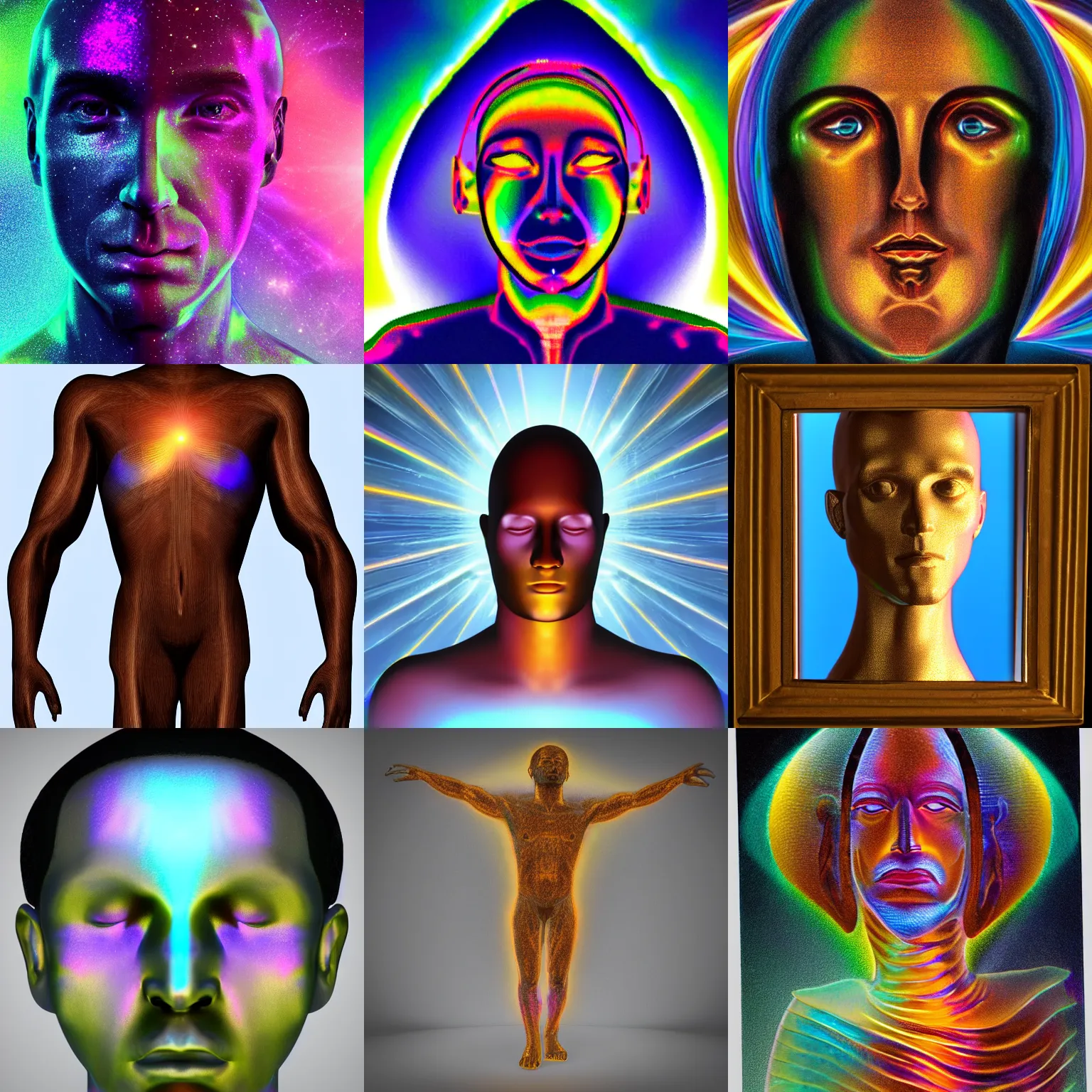Prompt: Human male with iridescent colors, fresnel, specular, divine entity