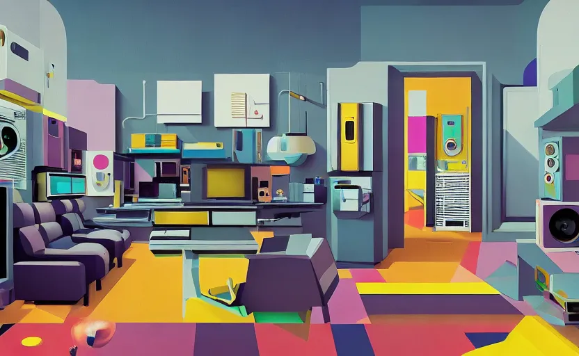 Image similar to Interior shot of a futuristic brutalist studio apartment with computers and colourful furniture by Petros Afshar and Beeple, James Gilleard, Mark Ryden, Wolfgang Lettl highly detailed