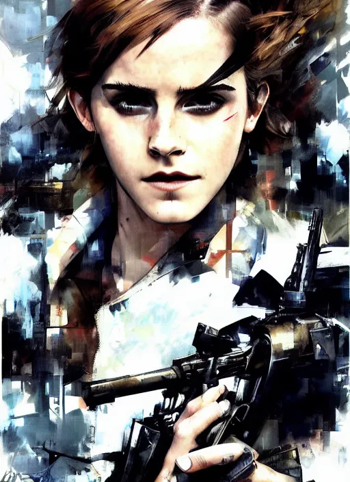 Prompt: fashion model emma watson wearing metal gear armor holding rifle dramatic lighting art by Yoji Shinkawa by Richard Schmid by Sandra Chevrier cinematic dramatic