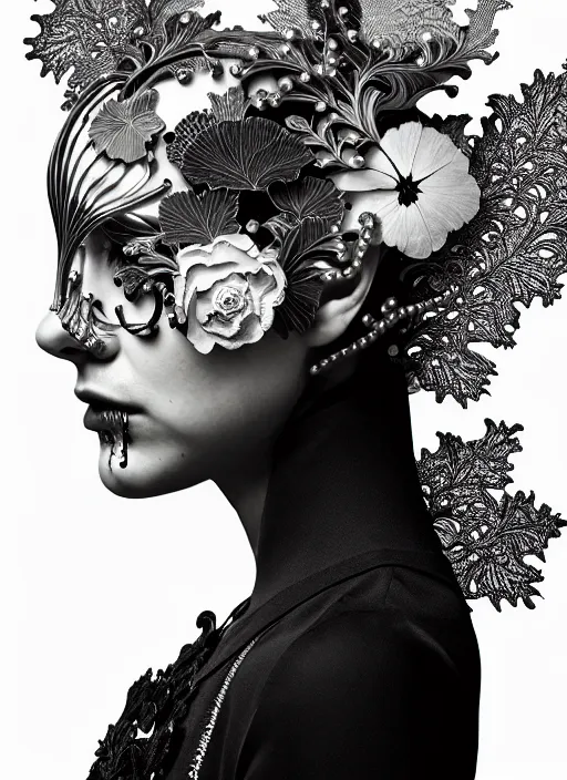 Image similar to monochrome profile portrait painting, dutch masters, silver lace floral steampunk biomechanical beautiful one techno eye young female cyborg, big monocular, volumetric light, leaves foliage and stems, hibiscus flowers, alexander mcqueen, rim light, big gothic fashion pearl embroidered collar, 8 k