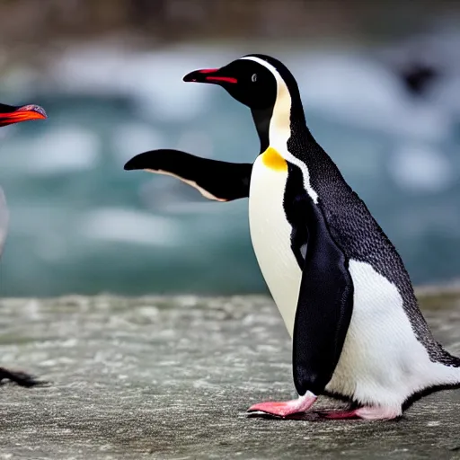 Prompt: pingo meets real penguin, nature photograph, realistic, long lens, national geographic, award - winning, 4 k