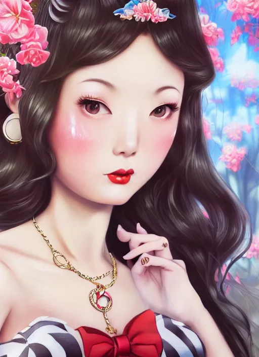 Image similar to a pin up and beautiful fashion dreamlke japan girl with lv jewelry, character art, art by artgerm, wlop, loish, hyperdetailed, 8 k realistic, symmetrical, global illumination, radiant light, frostbite 3 engine, cryengine, dof, trending on artstation, digital art, chanel, dior, detailed background