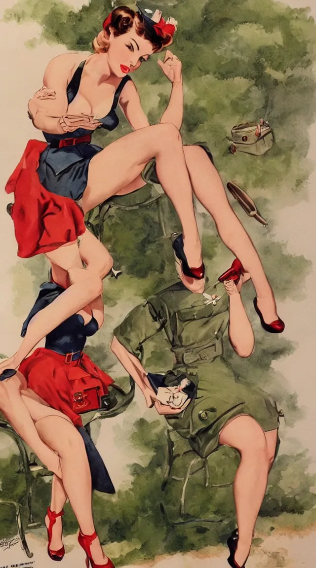 Image similar to full body pin up post war dressing a military unioform,with a park in the back ground, water color, Gil Elvgren style