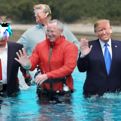 Image similar to putin, trump, obama and bush are below water scubadibing while smiling and having a great time