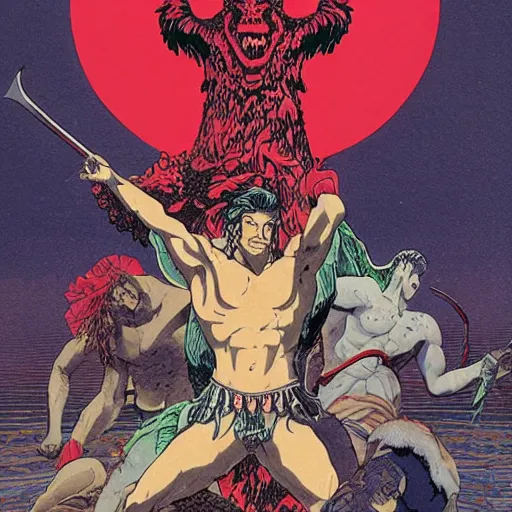 Image similar to eclectic, romantic by dave gibbons, by masaaki sasamoto. a art installation of hercules after he has completed one of his twelve labors, the killing of the hydra. he is standing over the dead hydra, covered in blood clutching a sword that slew the beast. his face is expressionless.