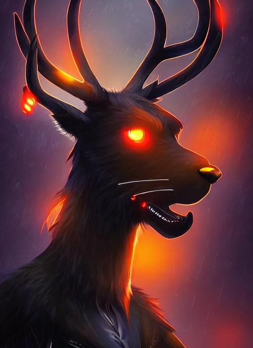 Image similar to award winning beautiful portrait commission of a male furry anthro Black Reindeer fursona with a tail, wings and a cute beautiful attractive detailed furry face wearing stylish black and orange cyberpunk clothes in a cyberpunk city at night while it rains. Character design by charlie bowater, ross tran, artgerm, and makoto shinkai, detailed, inked, western comic book art