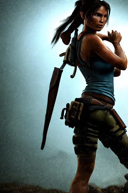 Prompt: cinematic of lara croft as cowboy, dramatic rain, 8 k, moody lighting