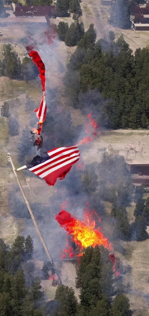 Image similar to american flag being burnt as a much larger USSR flag is being raised up instead, realistic, 4K, real,