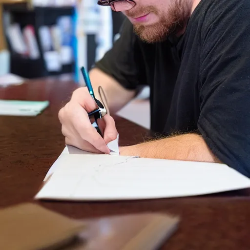 Prompt: Ethan Smith writing his next guide, (EOS 5DS R, ISO100, professional, 84mm, RAW, postprocessed, facial features)