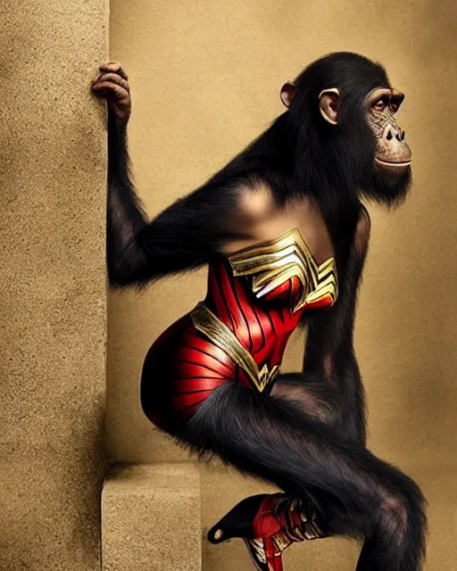 Prompt: a Chimpanzee dressed as Wonder Woman photographed in the style of Annie Leibovitz, photorealistic