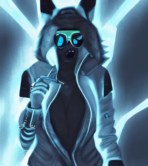 Prompt: digital painting of anthromorphic hyena female smoking cigarrete in cyberpunk style, fursona, furry fandom, furaffinity, neon rainy cyberpunk setting, anthro, wearing cyberpunk leather jacket, detailed face,