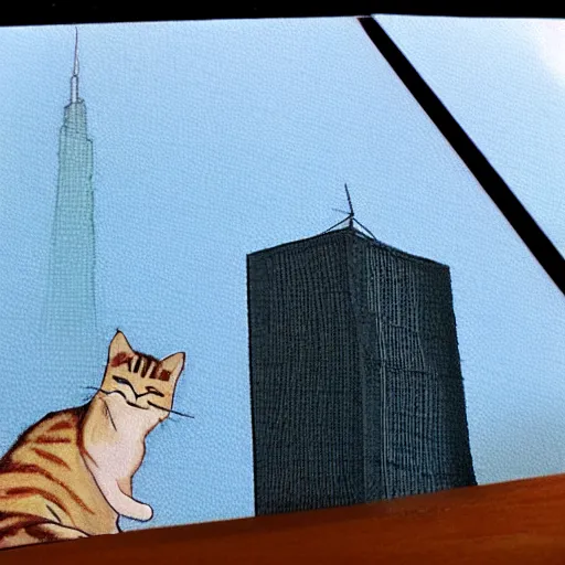 Prompt: a daydream scene of a skyscraper and a cat