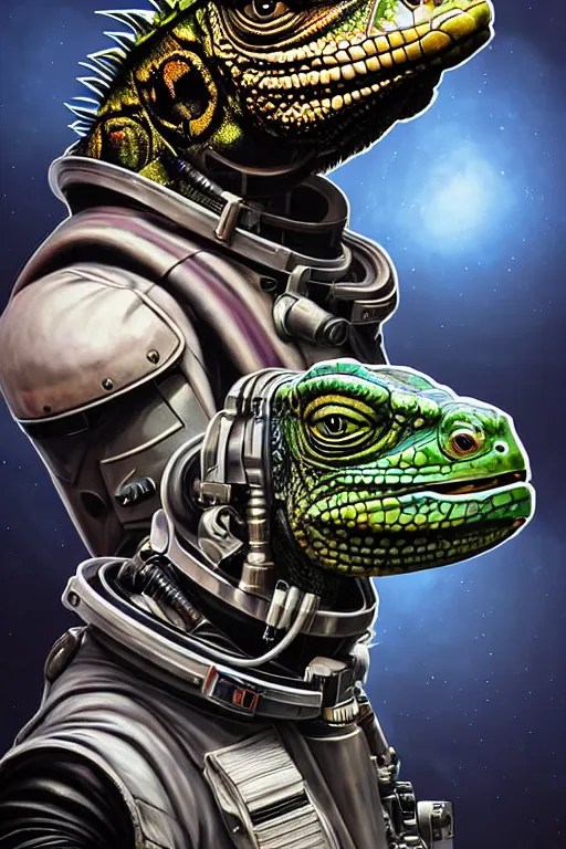 Image similar to a portrait of a muscular anthropomorphic cyberpunk iguana! space mechanic in spacesuit armor with a large head by sandra chevrier, by jon foster, detailed render, pistol in holster, tape deck, epic composition, cybernetics, 4 k realistic, cryengine, realistic shaded lighting, sharp focus, masterpiece, by enki bilal