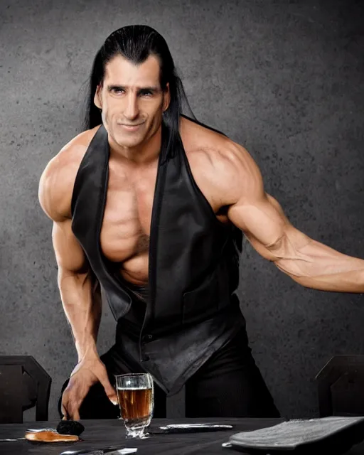 Prompt: muscular man sitting at table on tatooine, wearing a black black black leather vest vest vest, no shirt, shirtless, long long black black hair in a ponytail ponytail 9 9 9 9 0 0