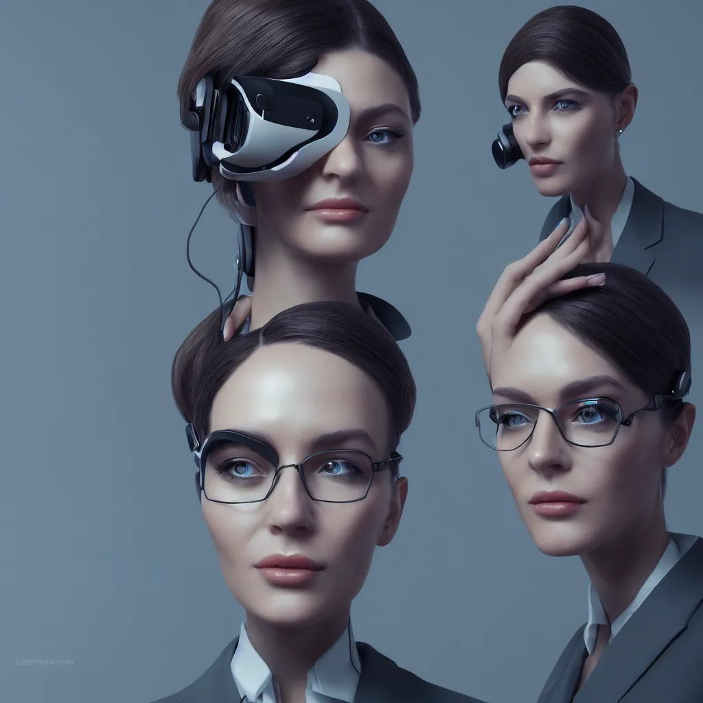 Image similar to beautiful render, futuristic businesswoman with VR headset, intricate, elegant, highly detailed, digital painting, artstation, concept art, smooth, sharp focus, octane render, dramatic lighting