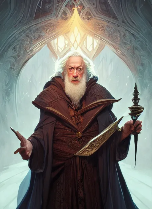 Prompt: dumbledore, d & d, fantasy, intricate, elegant, highly detailed, digital painting, artstation, concept art, matte, sharp focus, illustration, hearthstone, art by artgerm and greg rutkowski and alphonse mucha