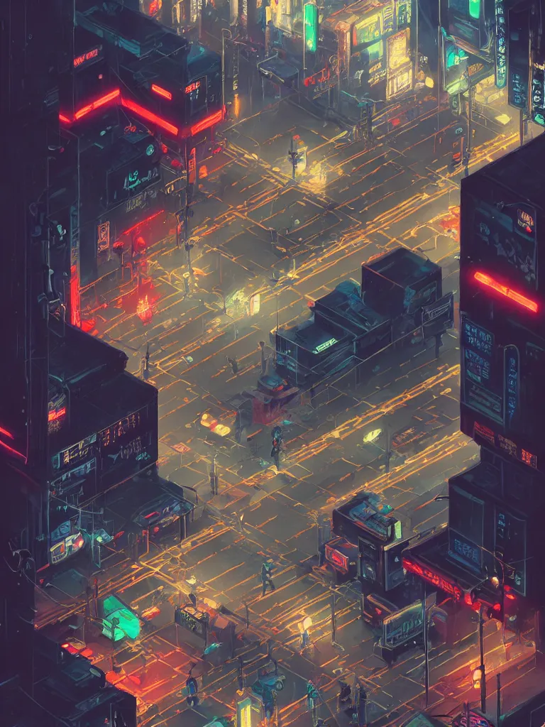 Image similar to isometric _ view _ of _ a _ cyberpunk _ neo - tokyo _ street _ with _ illuminated _ signs _ and _ wet _ pavement _ by _ andrei _ riabovitchev _ shaun _ tan _ peter _ mohrbacher _ a