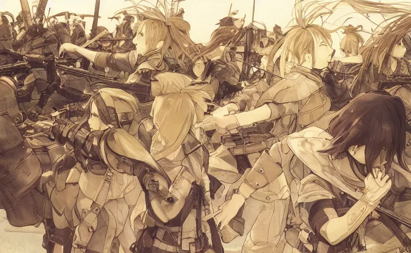 Prompt: panoramic of girl fighting, soldier clothing, battlefield in background, anime style, short hair, hair down, symmetrical facial features, from arknights, hyper realistic, 4 k, rule of thirds, extreme detail, detailed drawing, safebooru, hd, d & d, realistic lighting, by alphonse mucha, greg rutkowski, sharp focus, backlit
