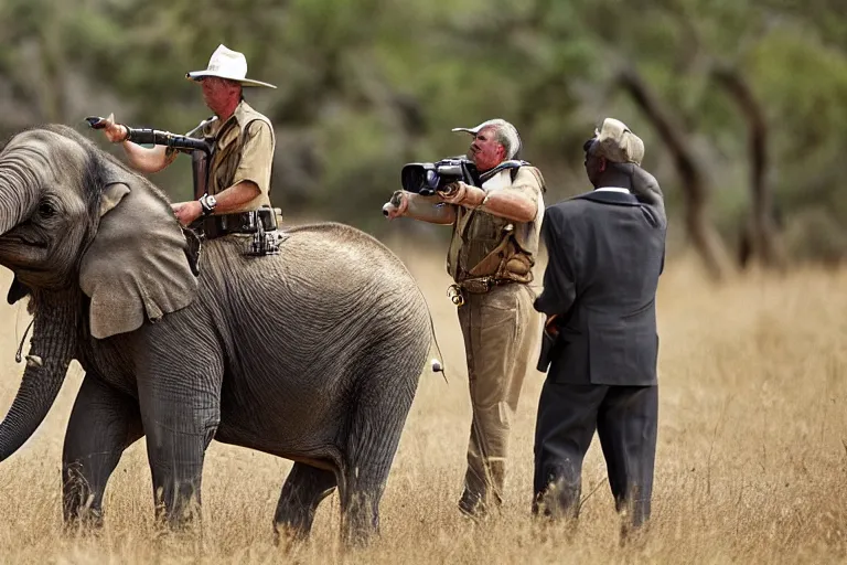 Image similar to Cinematography the king Juan Carlos I of Spain shooting an elephant with a rifle in an african safari by Emmanuek Lubensky