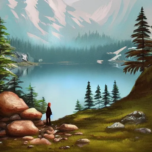 Prompt: digital painting of mountain landscape with a lake and character near the water by philip sue art, by philip sue, featured on artstation