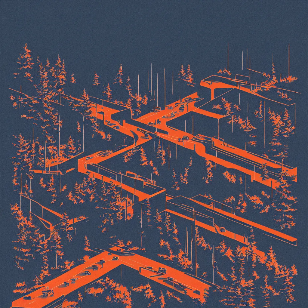 Image similar to olympic national park by, mads berg, karolis strautniekas, film noir, stippled light, dramatic lighting, editorial illustration, detailed, fine texture, matte print, art deco, brutalism, dark blue + dark orange, red, black, ( ( habitat 6 7 background ) )