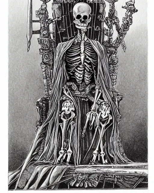 Prompt: pen and ink drawing of a skeleton king sitting atop a throne, by steve jackson and ian livingstone, highly detailed