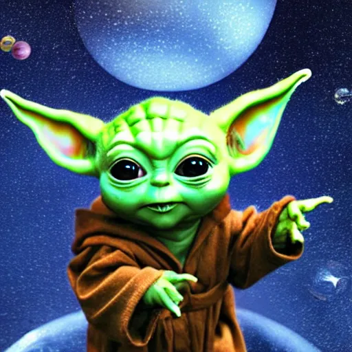 Image similar to baby yoda floating in space, stars in background, cinematic, highly detailed, realistic