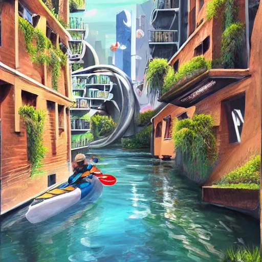 Prompt: Narrow cosy waterway with kayak in futuristic sci-fi city in harmony with nature. Nice colour scheme, soft warm colour. Beautiful detailed painting by Lurid. (2022)