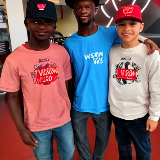 Prompt: 2 owen wilsons hanging out with 3 vince vaughns at a kfc