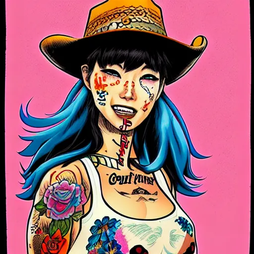 Prompt: full view of cowgirl with tattoos, wearing a cowboy hat, style of yoshii chie and hikari shimoda and martine johanna and will eisner, highly detailed