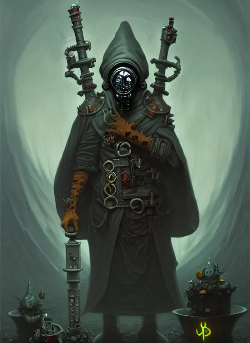 Prompt: old necromancer, wearing a wizard cloak, gas mask, by peter mohrbacher, hyper detailed, intricate, complex, 8 k, crisp,