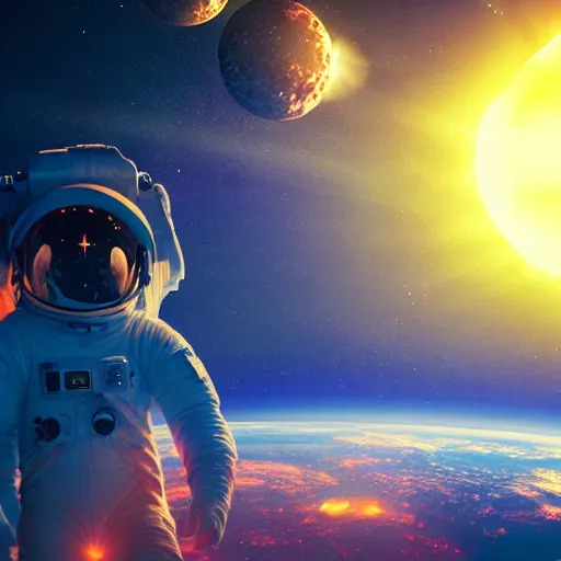 Prompt: astronaut floating in a galaxy glowing sun many shining stars cyberdelic, nintendocore, supremely digital, space - age, unreal engine, super detailed, dreamlike lighting, god rays