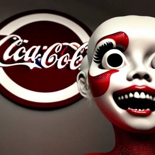 Image similar to 3 d render of the coke logo personified as a soda themed girl, large creepy eyes, extremely detailed and colorful eyes, soda themed girl, hyper detailed money sign pupils, tim burton, junji ito, her forehead has the coke logo carved into it, dollar sign pupils, extremely uncomfortable, money everywhere, cash falling, coke flood, blender 3 d, unreal engine