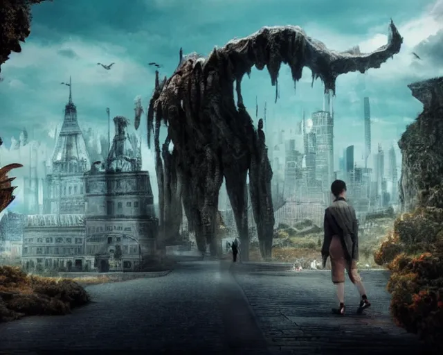 Prompt: wandering city on the back of a massive fantastical creature, cinematography