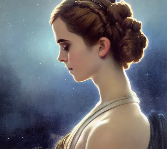 Image similar to photography of a sensual emma watson dressed like princess leia slave girl outfit star wars, deep focus, intricate, elegant, highly detailed, digital painting, artstation, concept art, matte, sharp focus, illustration, art by artgerm and greg rutkowski and alphonse mucha and gil elvgren