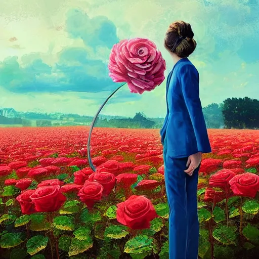 Image similar to portrait, giant rose flower head, girl in a suit, surreal photography, sunrise, blue sky, dramatic light, impressionist painting, digital painting, artstation, simon stalenhag