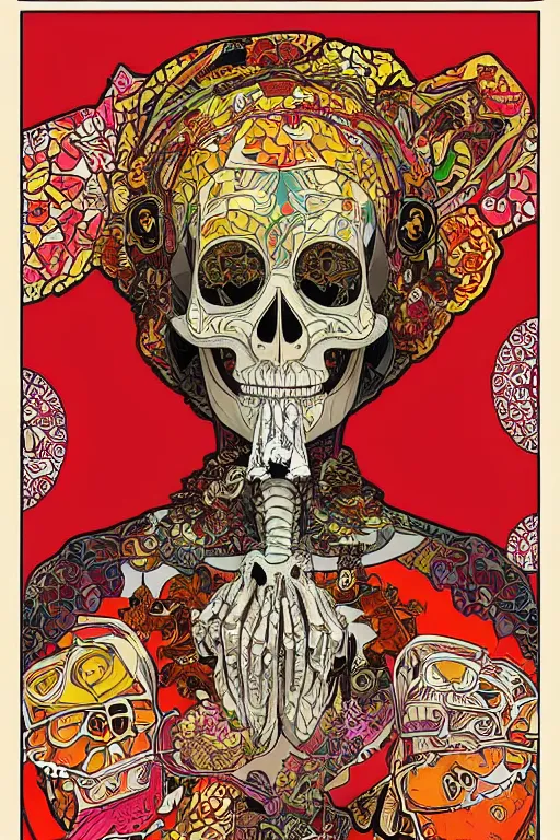 Prompt: indonesia traditional dress, skull portrait girl female skeleton illustration detailed patterns art pop art, splash painting, art by geof darrow, ashley wood, alphonse mucha, makoto shinkai