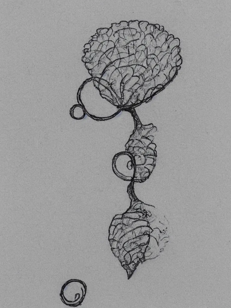 Image similar to a sketch of an acorn that turns into a tree in the shape of a treble clef with a perceptual edge in the middle, single line drawing