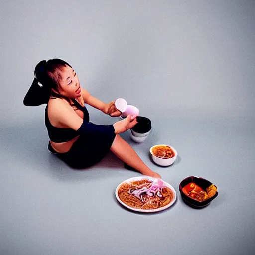 Prompt: Award winning photograph of Chun Li sitting on the floor eating ramen noodles