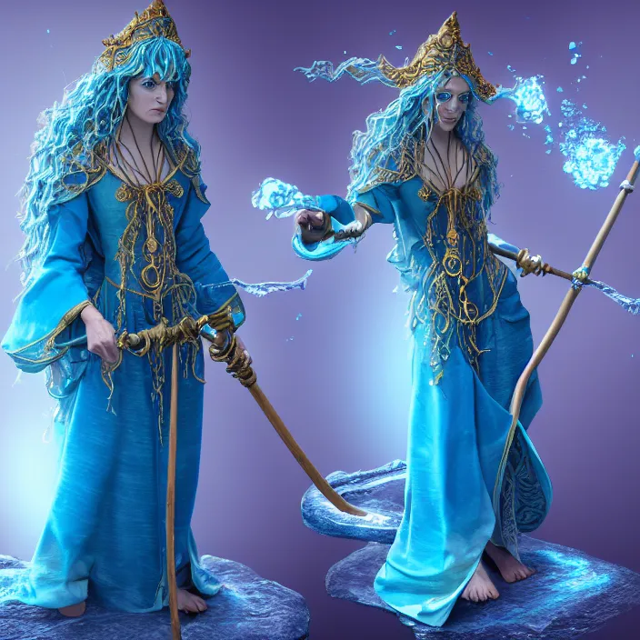 Prompt: photograph of a real-life beautiful elemental water witch with ornate blue robes and staff. Extremely detailed. 8k