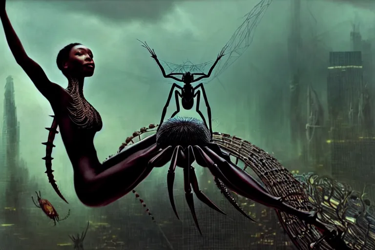 Prompt: realistic detailed closeup portrait movie shot of a beautiful black woman riding a giant spider, dystopian city landscape background by denis villeneuve, amano, yves tanguy, alphonse mucha, max ernst, ernst haeckel, roger dean, cyber necklace, rich moody colours, sci fi patterns, wide angle