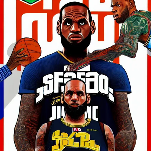 Image similar to lebron james in gta v cover art, art by stephen bliss, sharp details, sharp focus