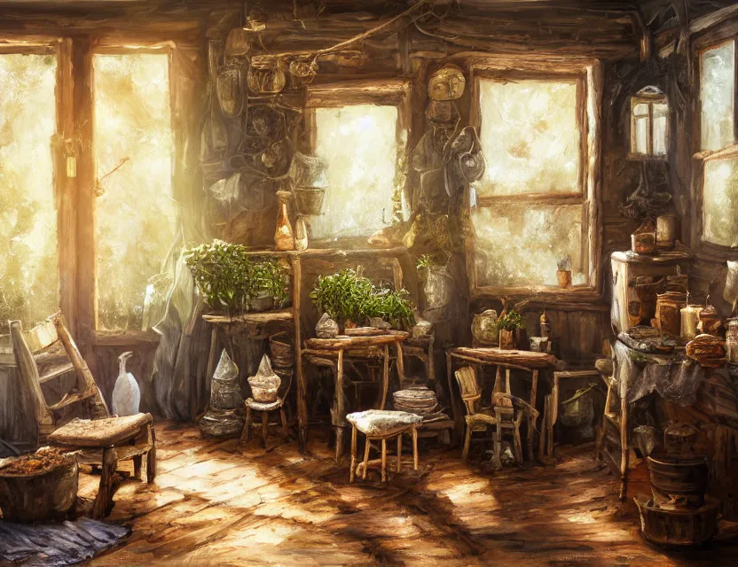 Image similar to expressive rustic oil painting, interior view of a cluttered herbalist cottage, waxy candles, wood furnishings, herbs hanging, wood chair, light bloom, dust, ambient occlusion, morning, rays of light coming through windows, dim lighting, brush strokes oil painting
