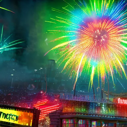 Prompt: raining, fireworks in a city, lights, 3 d render, illustrated, incredible details, highly detailed, colorful, photorealistic, disney pixar, octane render, iridescent, anime, 8 k