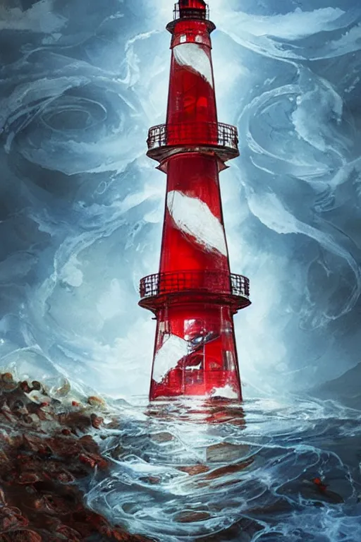 Image similar to a red and white lighthouse inside a clear bottle, very fancy whiskey bottle, intricate concept painting by ayami kojima, daytoner, greg tocchini, james jean, yoshitaka amano