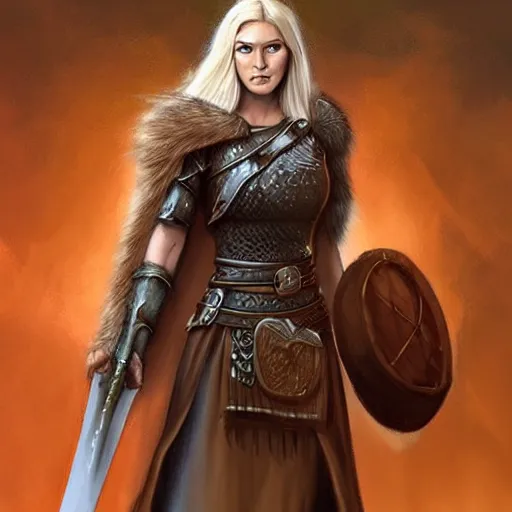 Prompt: viking woman, blonde, tall, paladin, d & d, concept art, science fiction, fantasy