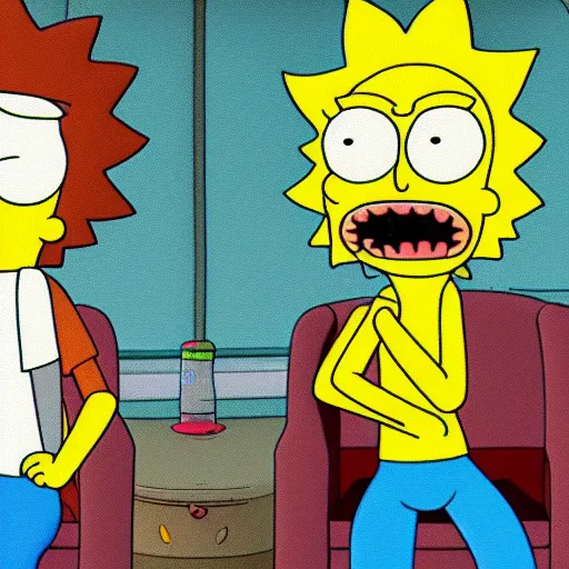 Image similar to Rick & Morty starring in the simpsons couch-gag