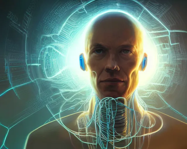 Prompt: a hyperrealistic painting of a human cyborg with cables coming out from his limbs connected to supercomputers, flood of images flowing from his head, tesseract, by greg rutkowski, artgerm, yakihiko yoshida and beeple, trending on artstation, concept art, insane details, zoomed out