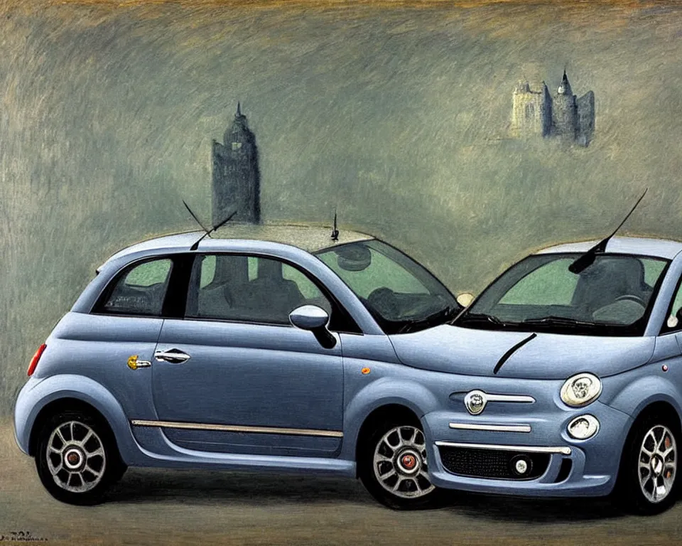 Image similar to achingly beautiful painting of a dark grey 2 0 1 3 fiat 5 0 0 abarth by rene magritte, monet, and turner.